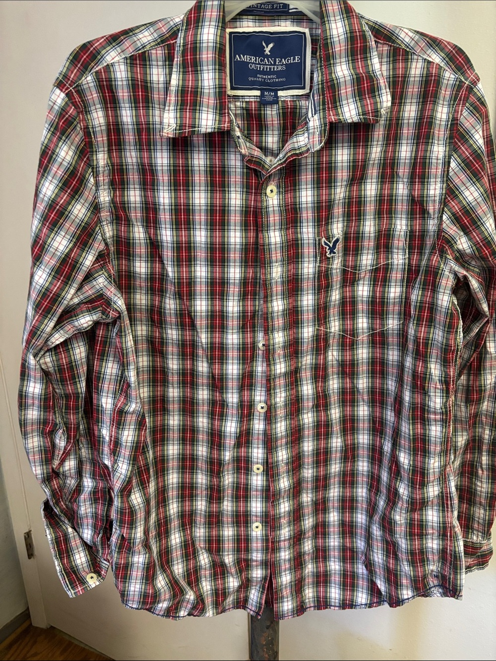American Eagle Outfitters Red and Green Plaid Button-Down Shirt